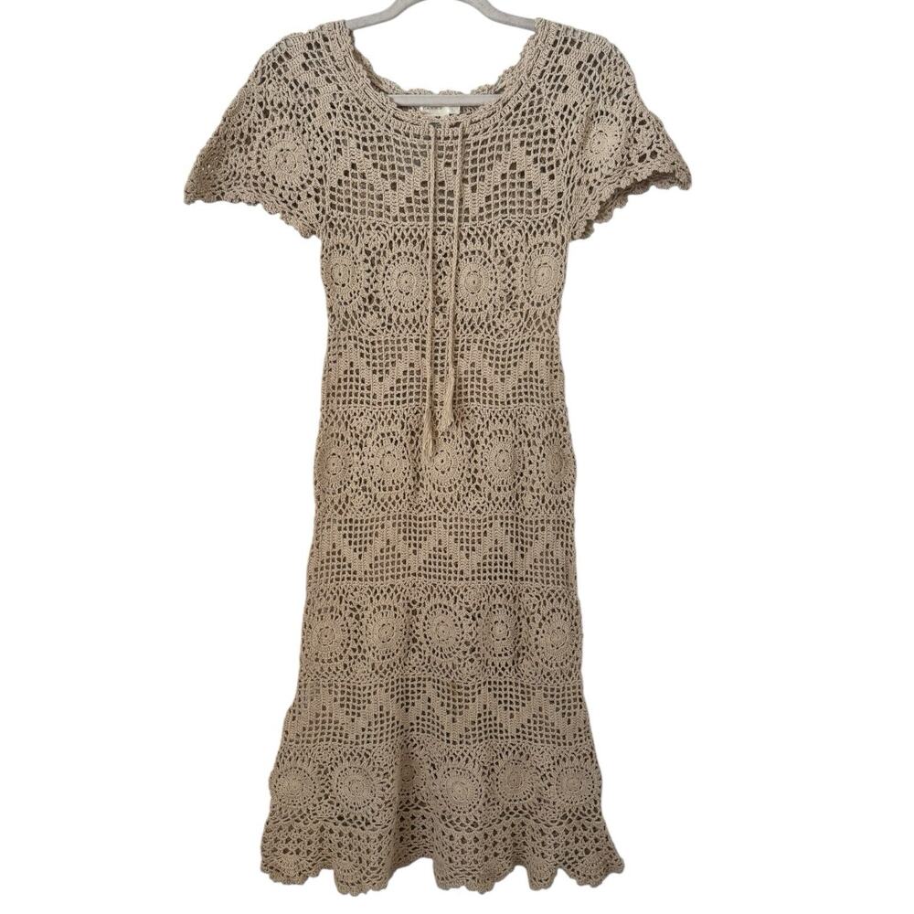YARNS Beige Crochet Open Knit Tasseled Midi Dress Size Small
